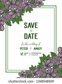 Vector illustration crowd purple flower frame beautiful with romantic invitation card hand drawn