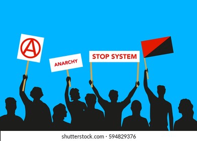 Vector illustration of the crowd that is maintaining its attitude regarding to anarchy on blue background.