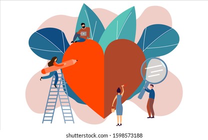 Vector illustration, crowd of young people preparation big heart for Valentine's Day, teamwork, love holiday symbol. Valentine's Days banner, card, poster for business