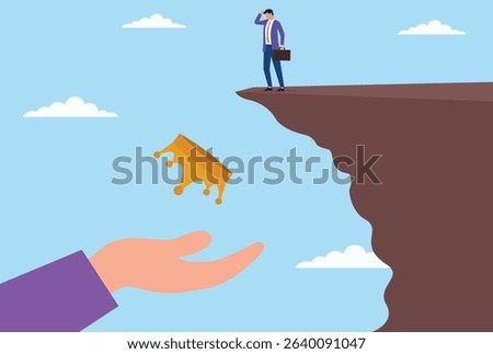Vector illustration of a crown falling off a cliff with a protective hand reaching out to save it, symbolizing rescue, hope, and safeguarding in a critical moment
