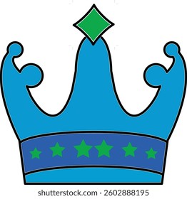 A vector illustration of a crown in a flat style with a mix of blue and yellow colors and decorated with a blue star logo in the center and yellow circles at each end.
