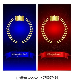 Vector illustration of Crown, laurel wreath and ribbon on a blue and red background with sparkles.