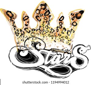 vector illustration of crown with lettering stars for print on t-shirt