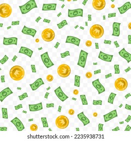 Vector illustration of Crown money. Random pattern of banknotes and coins in green and gold colors on transparent background (PNG). 