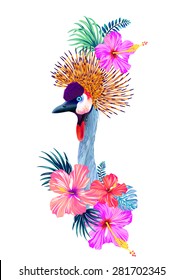 vector illustration of Crowned Crane with tropical flowers; hibiscus and palm leaves. Beautiful bird with detailed feathers; placement layout. Balearica Regulorum.