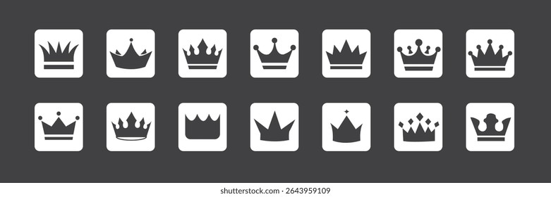 Ilustração vetorial de ícones de coroas - elegantes ornamentos de luxo de rei, rainha, príncipe e princesa. Perfeito para temas reais, concursos, branding, convites, luxo e decorações de design nobre.
