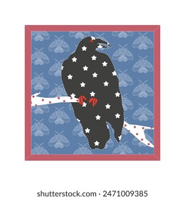 Vector illustration of crows in patchwork technique. Handmade, fragment, bird from scraps of fabric. Isolated on white background.