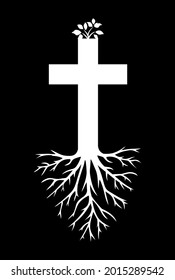 Vector illustration of crucifix with heart-shaped roots.