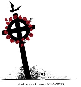 vector illustration of crucifix, raven, scull and roses in black, white and red colors