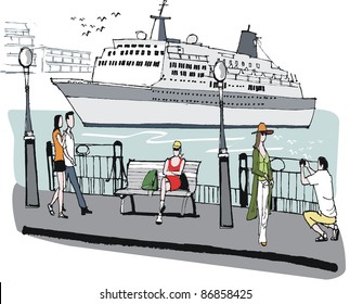 Vector illustration of cruise liner in port, Auckland, New Zealand.