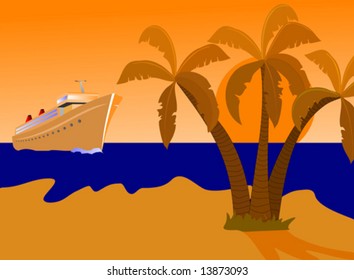 A vector illustration of a cruise ship approaching a desert island at sunset