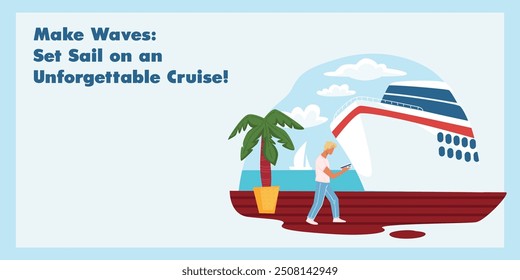 A vector illustration of a cruise ship near a tropical beach, with a promotional message encouraging relaxation. Isolated on a white background, ideal for travel and relaxation-focused advertising.