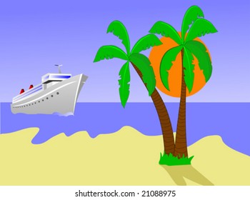 A vector illustration of a cruise ship sailing toward a desert island with palms against a blue sky with an orange sun