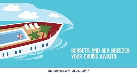 A vector illustration of a cruise ship at sea with a promotional message, inviting to book a cruise. Isolated on a white background, ideal for travel ads and vacation promotions.