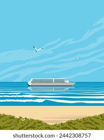 Vector illustration. Cruise ship, vacation, vacation, island, ocean. Poster, banner, postcard, cover design. Tourism, travel. Modern design.