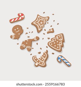 Vector illustration of crumbled and bitten Christmas cookies. A half-bitten, broken cookie in the shape of a man, stars, Christmas trees, bells.  Vector illustration