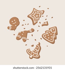 Vector illustration of crumbled and bitten Christmas cookies. A half-bitten, broken cookie in the shape of a man, stars, Christmas trees, bells.  Vector illustration