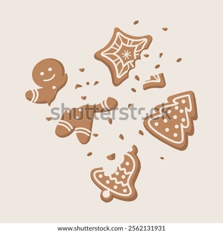 Vector illustration of crumbled and bitten Christmas cookies. A half-bitten, broken cookie in the shape of a man, stars, Christmas trees, bells.  Vector illustration