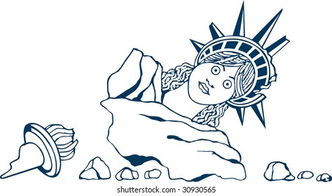Vector illustration of crumbled Statue of Liberty (methafor)