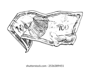 Ilustração vetorial das notas de dólar deformadas. Esboço detalhado desenhado à mão mostrando moeda desgastada, dobrada. Ideal para gráficos financeiros, designs antigos ou aplicativos de etiqueta e impressão