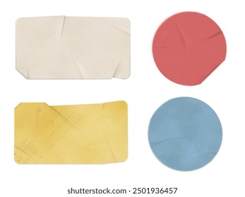 Vector illustration of crumpled paper. Set of multi-colored, aged paper fragments of rectangular and round shapes with scuffs on a white isolated background for stickers and text fields.