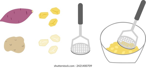 Ilustración vectorial de las batatas aplastantes y las papas con una mascarilla