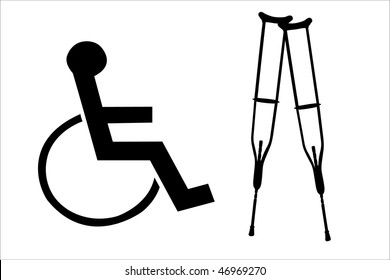 Vector illustration of crutches and wheelchair silhouettes