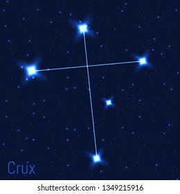 Vector illustration of Crux constellation. Astronomical southern Cross. Cluster of realistic stars in the dark blue starry sky.