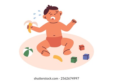 Vector illustration of crying baby sitting on the floor with toys and broken banana. Cute baby in cartoon style, flat design, childhood tantrum, funny emotions, parenting challenges