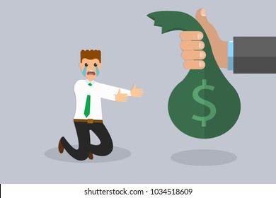 Vector illustration of crying businessman pulling hands to big money bag on gray background. Taking business opportunities, money from small business concept. Eps flat horizontal image.