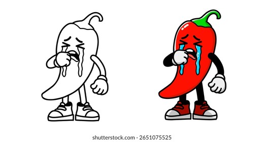 Vector illustration of a crying chili pepper cartoon character complete with sketch, chili pepper logo, chili pepper icon, suitable for sticker or emot.
