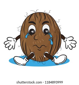 Vector Illustration of Crying Coconut in Puddle of Tears. Cartoon Tropical Personage. Drawing for Stickers Pack, Emoji, Chat and etc