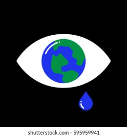 Vector Illustration Of A Crying Eye With The Earth Inside On Black Background. The Sadness And Tear Drop Representing The Concept Of Global Financial Crisis And Global Warming. Hopelessness.