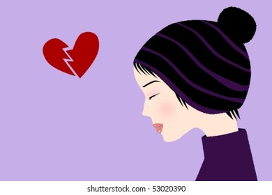 Vector illustration of a crying girl with a hat with broken heart