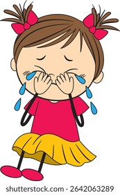 Vector illustration of a crying girl with pigtails and bows, vibrant colors, simple lines, and expressive emotion