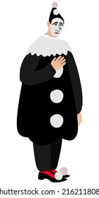 Vector illustration of crying Pierrot in black clothes with white details isolated on white background.