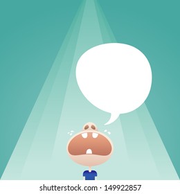 Vector illustration of crying poor kid with speech bubble copyspace.
