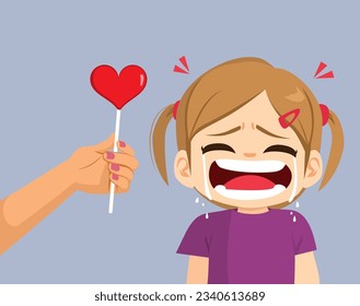 Ilustración vectorial de una niña pequeña que llora recibiendo un latido con forma de corazón. Dibujo de caricatura del brazo de la madre dando a su hija gritando mal concepto de manipulación de dulces