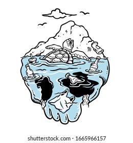 Vector illustration of crying turtle trapped in dirty sea
