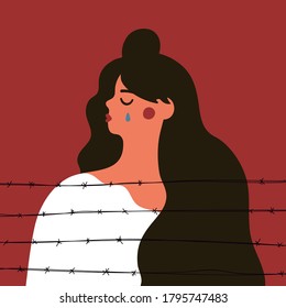 Vector illustration of crying unhappy long hair woman in white clothes behind the barbed wire. Victims of violence, injustice, confinement, prison concept art