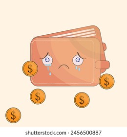 Vector illustration of crying wallet on yellow background. Business, finance, wallet, payment, bank, cash, pay, financial, credit concept. EPS 10