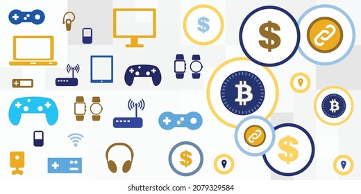 vector illustration of crypto currencies in computer games and gaming devices connection