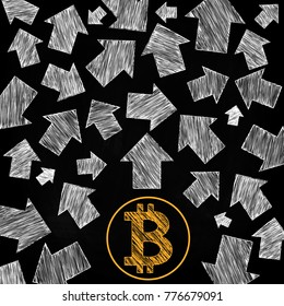 Vector illustration. Crypto currency, bitcoin. At the bottom of the picture is the bitcoin icon, from it emits arrows showing different directions.