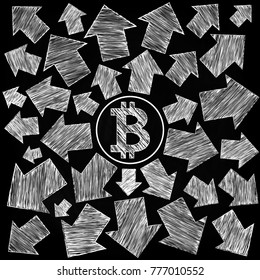 Vector illustration. Crypto currency, bitcoin. In the center of the picture is the bitcoin icon, from it come arrows showing different directions.Sketch, drawing chalk on a black background.