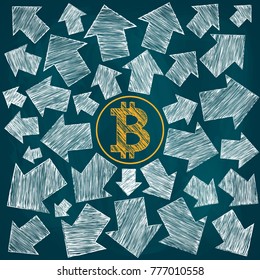Vector illustration. Crypto currency, bitcoin. In the center of the picture is the bitcoin icon, from it come arrows showing different directions.
Sketch, drawing, scribble