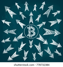Vector illustration. Crypto currency, bitcoin. In the center of the image there is a bitcoin icon, from which the arrows show showing different directions. Drawing chalk on a blackboard