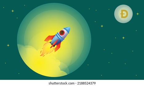 
Vector illustration of crypto currency Dogecoin, Doge rise to the moon concept. Rocket flying upwards to the moon or to the crypto symbol, logo.