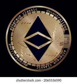 Vector illustration. Crypto currency. Ethereum. Concept e-commerce. Golden coin on black background. Suitable for use for logos, print products, pages and web decor or other designs.