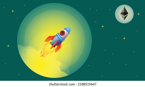 
Ilustración vectorial de la moneda criptográfica Ethereum, ETH y ethereum 2.0 subida al concepto de luna. Cohetes volando hacia la luna o al símbolo cripto, logotipo.