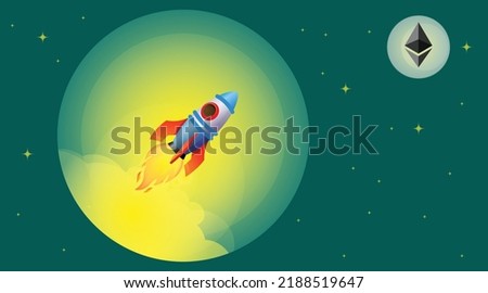 
Vector illustration of crypto currency Ethereum, ETH and ethereum 2.0 rise to the moon concept. Rocket flying upwards to the moon or to the crypto symbol, logo.